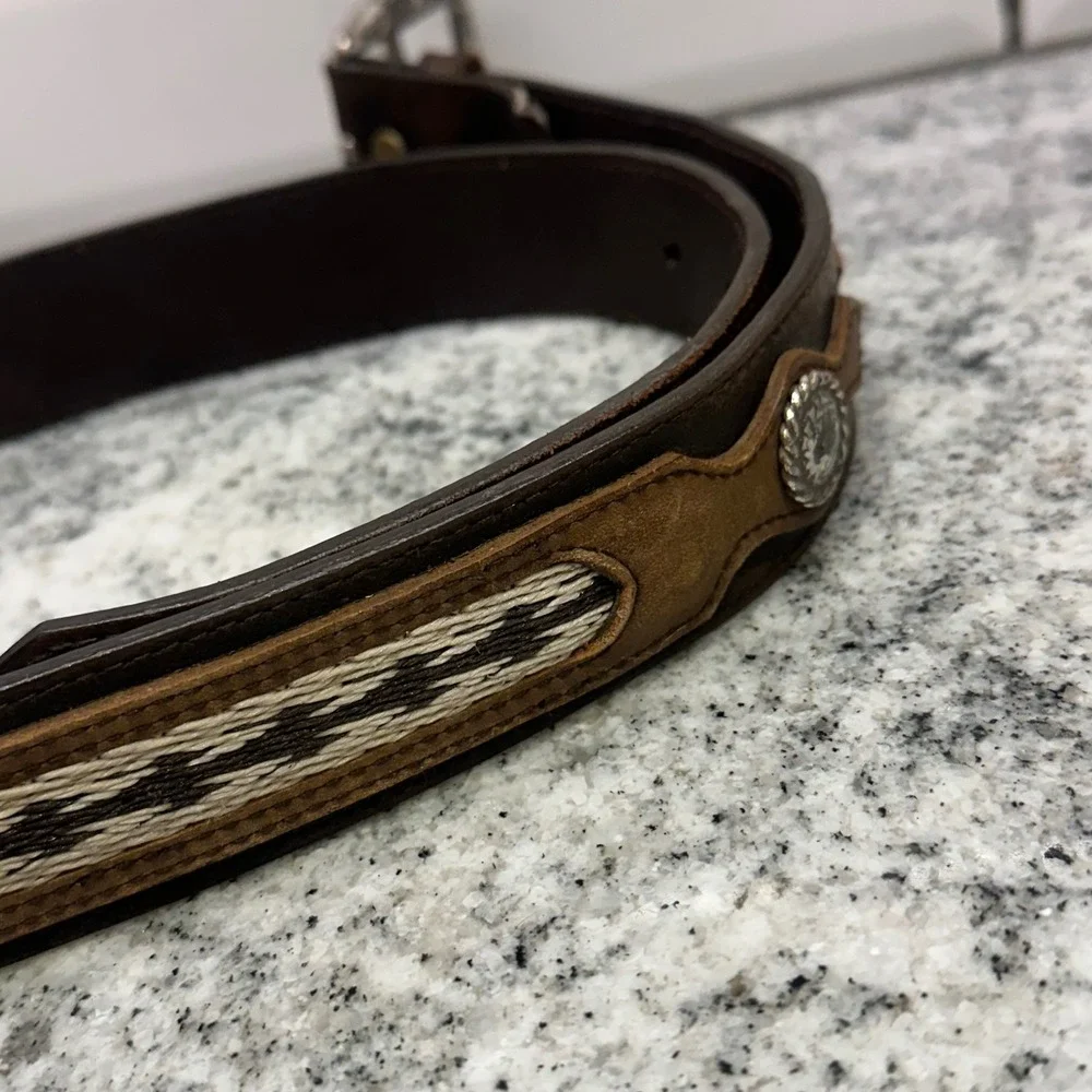 Nocona Mens 32 Leather Belt Brown Horsehair Inlay Conchos Western Cowboycore